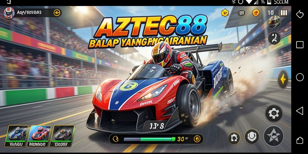 Tampilan gameplay AZTEC88 yang mendebarkan dan penuh aksi balap.