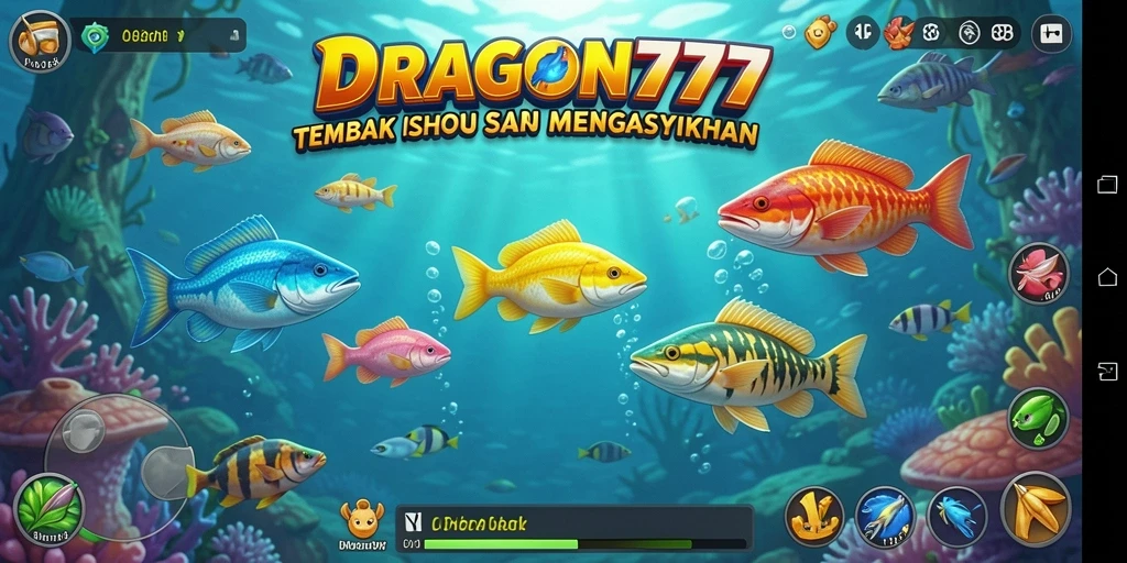 Tampilan gameplay DRAGON777 saat menembak ikan dengan senjata.