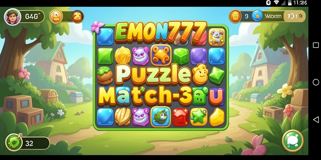 Screenshot utama EMON777 menampilkan gameplay Match-3 yang seru.
