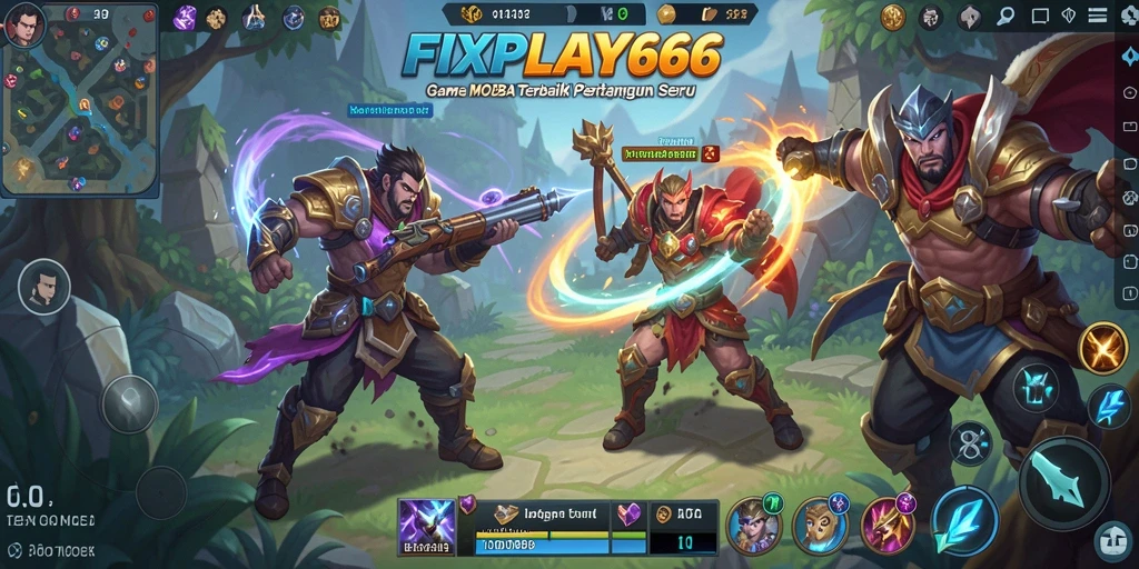 Screenshot utama FIXPLAY666 menampilkan aksi bertarung seru dalam arena MOBA.