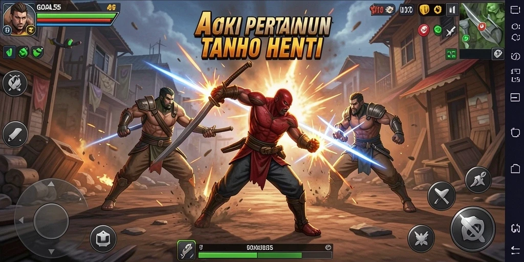 Tangkapan layar gameplay GOAL55 yang menampilkan pertarungan epik.